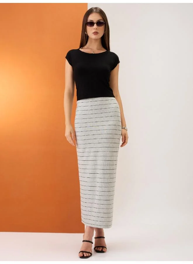 globus Globus Women Grey Striped Mid-Rise Stretchable Midi Pencil Skirt